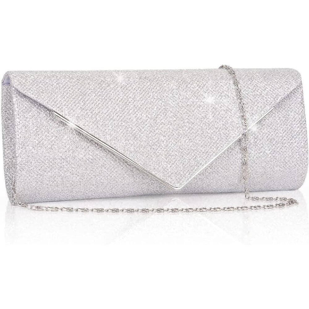 🆕Women Silver Clutch Purses Sparkling Envelope Evening Bag Detachable Chain